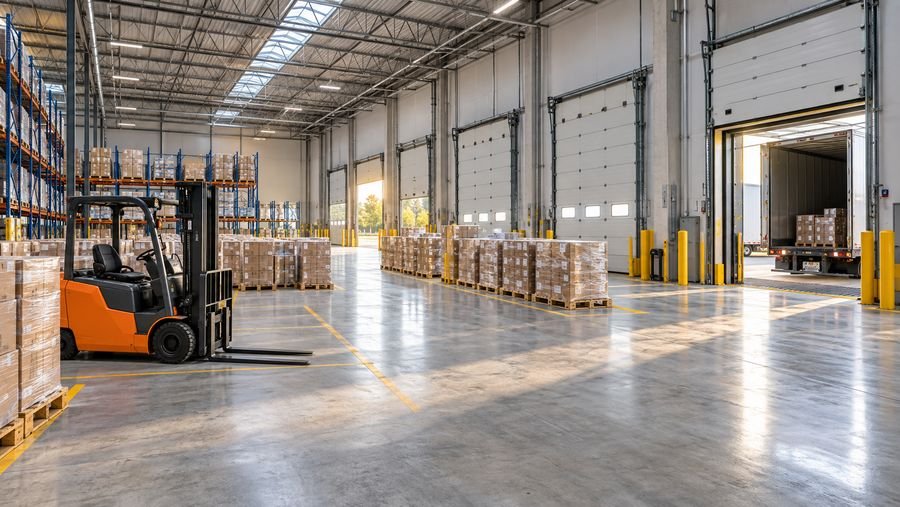Forklift and palletised freight at a warehouse loading dock